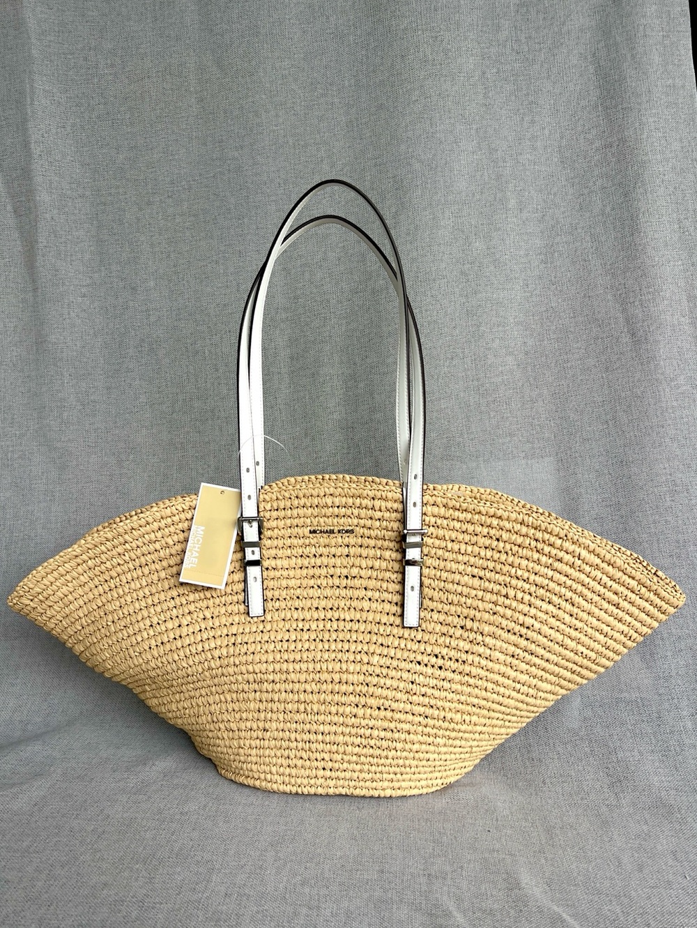 Michael Kors Raffia Large Fan tote leather handles Natural White NWT